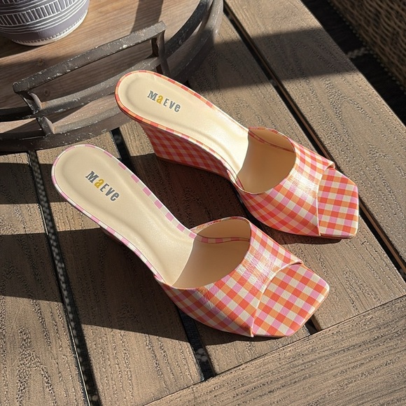 Maeve Sandal Wedge Heels Size 7 Pink Checkered Spring Summer Square Toe Open - Picture 1 of 8